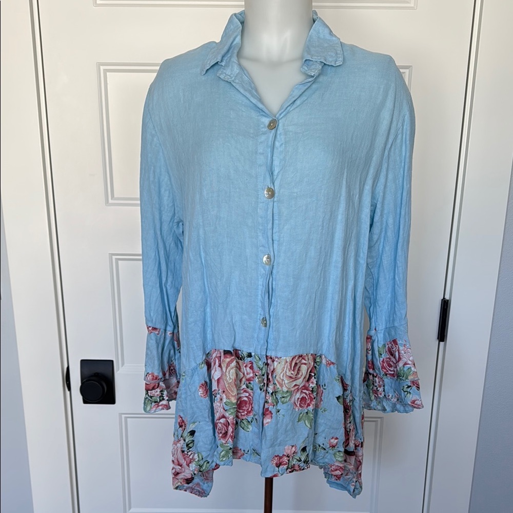 Linen Luv Long Sleeve Button Down Layered Top in Sz Large